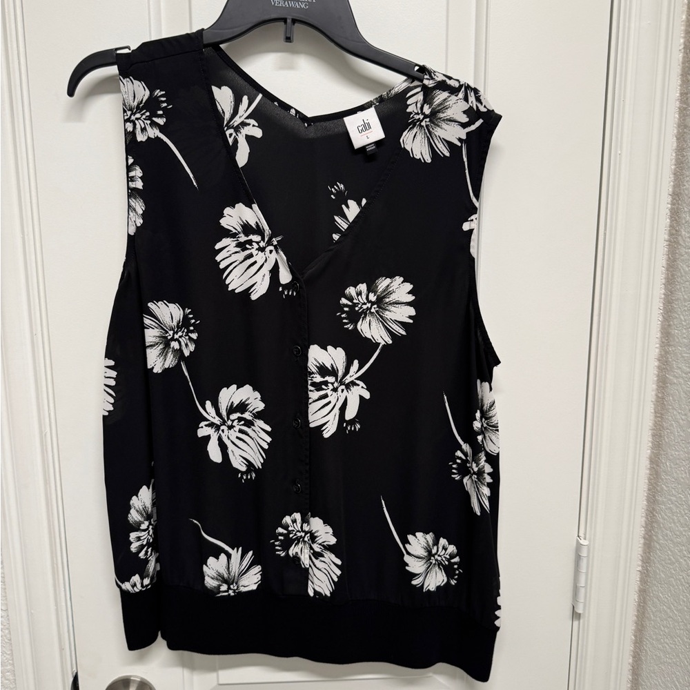 CAbi Black and White Sleeveless Blouse